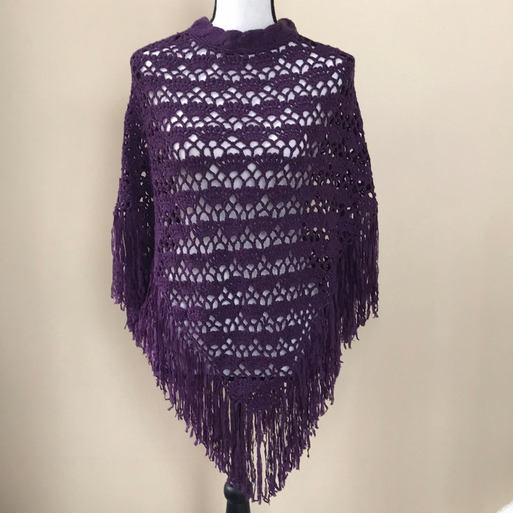Cejon Crocheted Purple Poncho with Fringe